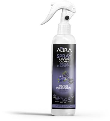AURA | Aerosol Ambientador Spray Pulverizador Absorbe Malos Olores | Para Casa, Cocina, Baño, Coche | Apto para Textiles | 250ml | No Contiene Gas (Frutos del Bosque, 250ml)