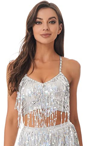 dPois Damen Bauchtanz Oberteil Kostüm Sexy Crop Top Tanktops V-Ausschnitt Tops BH mit Pailletten Fransen Quasten Ärmellos Glitzer Tanzkleidung Silber M
