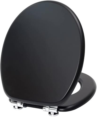 MUSAN Wooden MDF Universal Toilet Seat - Heavy Duty 18 Inch Oval Shaped Toilet Seat - Quick Release Hinges for Easy to Fitting Lids - Lightweight Easy Cleaning, 18 x 14.5 x 2.5 (Black)