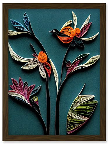 Wee Blue Coo Modern Paper Quilling Bird on Exotic Flower Plant Leaves Blue Orange Teal Artwork Framed Wall Art Print A4