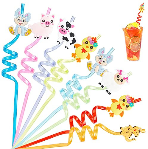GORGECRAFT 8 PCS Coloré Réutilisable Pailles à Boire Ferme Fête Faveurs Décorations de Fête Animaux Pailles en Plastique Safari Jungle Anniversaire Pailles Twisty pour Anniversaire Fête de Famille