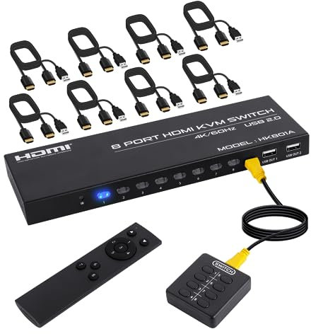 4K@60Hz KVM Switch 1x8, HDMI USB Switcher für 8 PC, die sich einen Monitor teilen, mit Fernbedienung, kabelgebundenem Desktop Controller und 8 KVM Kabeln