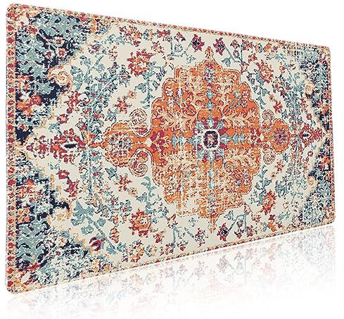Boho-Gaming-Mauspad, XXL, Vintage-Teppich, Bohemian-Stil, erweiterte große Schreibtischunterlage, rutschfeste Gummiunterseite, genähter Rand, langes Mauspad für Desktop, Büro, PC, Gamer, 80 x 40 cm,