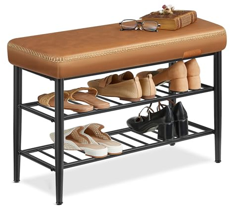 VASAGLE EKHO Collection - Shoe Rack Bench, Storage Bench for Entryway, Synthetic Leather with Stitching, Mid-Century Modern, Loads 300 lb, 11.8 x 31.5 x 19.7 Inches, Caramel Brown ULSB054K01