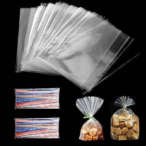 FINEASY Clear Cellophane Bags Small Plastic Sweet Cones Bags Cookie Candy Bags,Party Bag Sweets Favour Gift Bags with 200 Twist Ties for Soap,Chocolates,Birthday,Wedding (15x20cm, 100pcs)