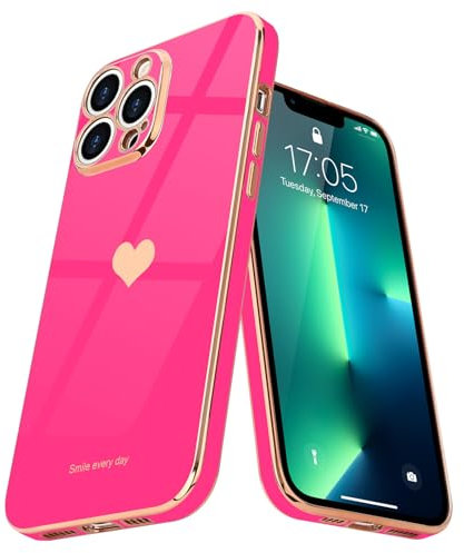 Teageo for iPhone 13 Pro Max Case Cute Heart Pattern for Women Girls Slim Luxury Bling Plating Soft TPU Anti-Scratch Shockproof Bumper Phone Case for iPhone 13 Pro Max, Hot Pink