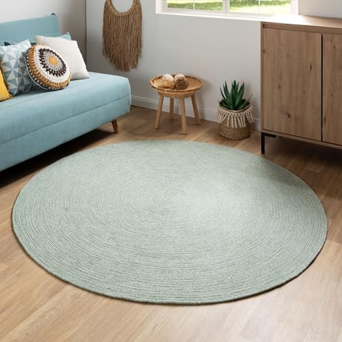 Steffensmeier Handweb Teppich Bali | 100% Baumwolle, Grün meliert, handgefertigt, Größe: Ø 80 cm | Flur, Eingangsbereich, Wohnzimmer