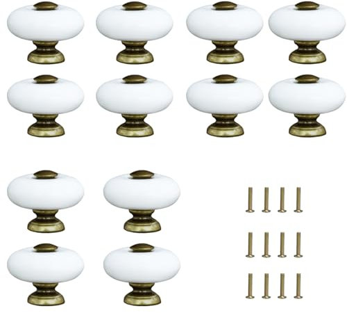 AUXBC 12 runde Keramikknäufe, antikes Messing und Keramik, Schrankknäufe, weiße Möbelknöpfe, Einloch-Schubladengriff für Schublade, Schrank, Kommode, Schrank, Tür, Küche mit Schrauben