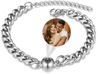 PiercingJak Armband Foto Projektion Männer Armbänder mit Bild im Stein Damen Herren Armkette 7mm Breit Panzerkette Fotoarmband Personalisierte Geschenke für Frauen Freundin Paare Partner