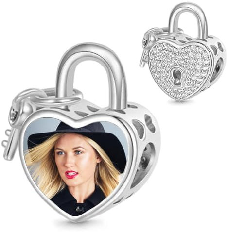 2Burned Personalised 925 Sterling Silver Photo Charm Fit Pandora Bracelet Necklace Customized Heart Round Shape Picture Bead (Silver Padlock)