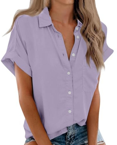 Chemise Femme Chic et éLégant, Chemise Femme Chemisier Col en V Bouton Manches Courtes Tops Couleur Unie Léger et Respirant T-Shirts Grande Taille Pas Cher Casual Chemisier Rose,Violet Clair,XXL