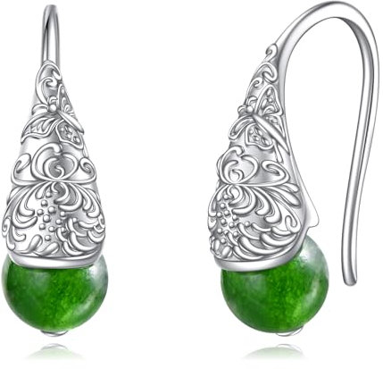 Sterling Silver Green Jade Drop Earrings - Butterfly and Chrysanthemum Design - Women's Jewellery Gifts