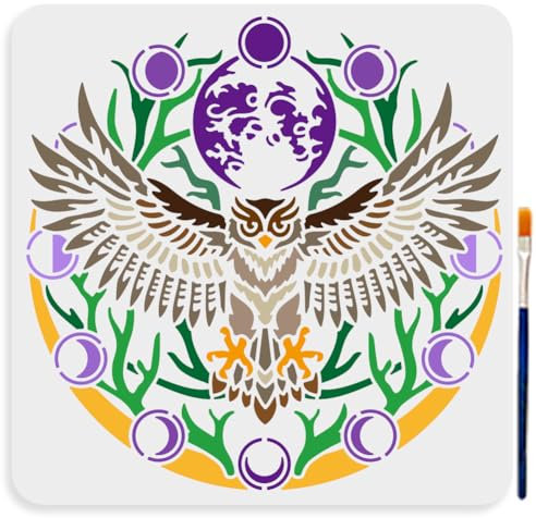 MAYJOYDIY Eulen Schablone 30x30cm Mondphasen Vorlage Wiederverwendbare Eulen Tier Malvorlage Kreisförmiges Muster Mondzweig Kunststoff Schablone Zum Malen Auf Holz Wänden Stoffen Heimdekoration