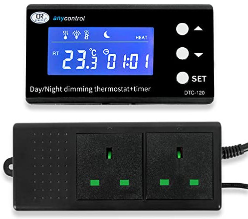 Digital Dimming Thermostat, LCD Heating and Cooling Temperature Controller - Day & Night Timer, Reptile Thermostat Plug Socket Dimmer for Snake, Lizard, Tortoise, Vivarium, Aquarium
