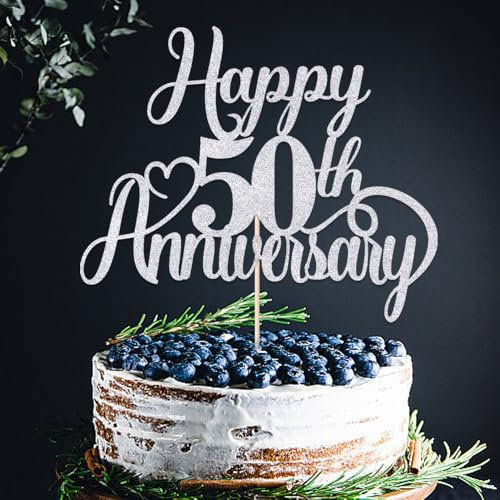 Auteby Happy 50th Anniversary Cake Topper，50th Anniversary Cake Topper, 50th Wedding Anniversary Cake Topper,50th Birthday Cake Company Anniversary Cake Topper (Silver)