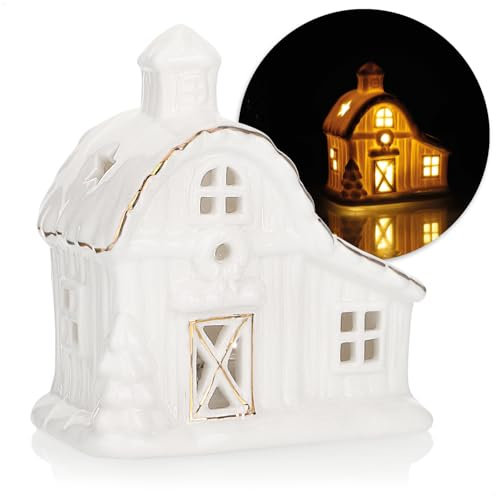 com-four® LED-Haus aus Porzellan - batteriebetriebenes Leuchthaus - weißes glänzendes Deko-Lichthäuschen für Winter und Weihnachtsdekoration (Haus - 11cm)