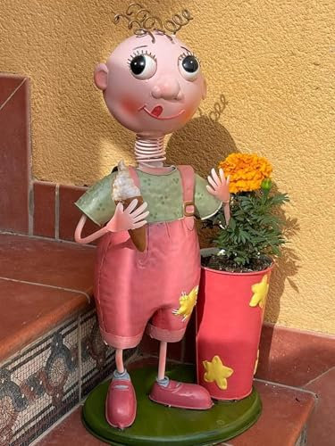 CAPRILO Figura Decorativa de Metal con Macetero Niño Plantado con Helado. Decoración Hogar y Jardín. Adornos y Esculturas. Regalos Originales para Navidad y Reyes. 29 x 22 x 56 cm.