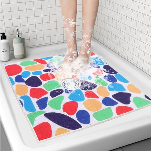 BWBIKE Tapis de Douche Carré 70 x 70 cm Tapis de Bain Antidérapant Tapis de Bain en Luffa en PVC Souple avec Trous de Drainage Séchage Rapide Tapis de Sol de Salle de Bain,70 x 70cm,Coloré avec Trou