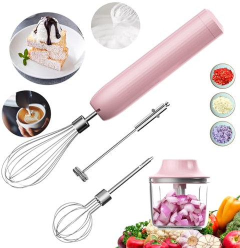 4-in-1 Handmixer, Elektrischer Schneebesen, Kleiner Kabelloser Stabmixer, Wiederaufladbarer Tragbarer Milchaufschäumer für Kaffee, Matcha, Mini Zwiebelhacker 300ML, 4-Gang-Handmixer