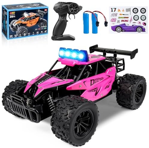 Joellfuner Coche Teledirigido para Niños, 2.4Ghz 1:16 Carro telecomandado con Cuatro Colores luz LED, 2WD 20KM/H Offroad Monster RC Truck con Marchas Altas y Bajas, RC Coche para de 3+ años (Rosa)