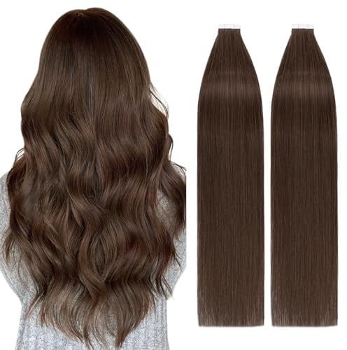 TESS Tape in Extensions Echthaar Braun 40 Stück Tapes in Extensions Glatt Haar Braun Haarverlangerung Remy #4 55 cm
