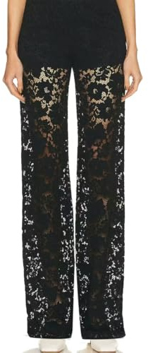 Auriselle Femme Y2K Pantalon Transparent brodé Dentelle Taille Haute Taille Haute à Jambes Droites, Ceinture élastique en Maille Pantalon Rave de Rue pour soirée en boîte de Nuit, Noir/Blanc, S-L