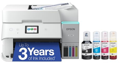 Epson EcoTank ET-4950 Wireless All-in-One Color Supertank Printer with up to 3 Years of Ink Refillable Tanks, Perfect for Office, 18 PPM, 2.4 Colorful Touchscreen, Auto Document Feeder - White