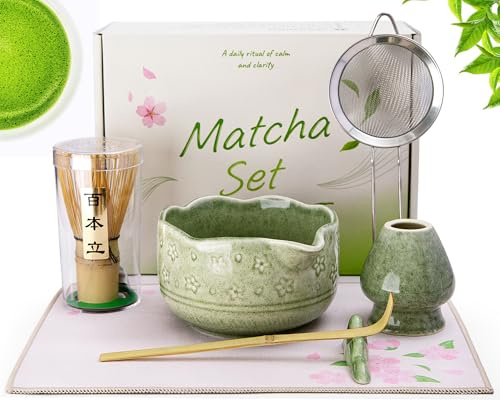 Matcha Kit, 7 Pièces Kit Matcha, Coffret Matcha Cadeau pour Amateurs Matcha | Avec céramique Bol Matcha Bec Verseur, Fouet a Matcha, Support Fouet Matcha, Cuillere Matcha, Filtre, Stand, Serviette à thé