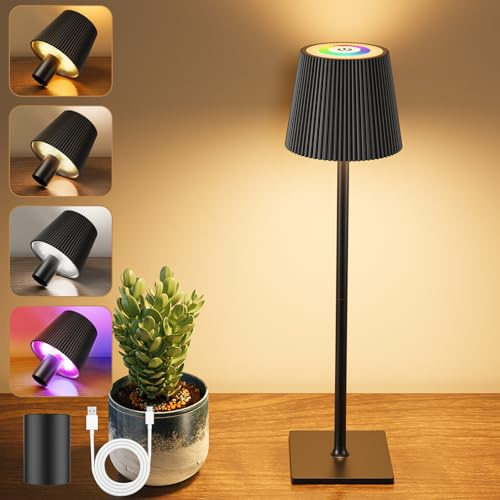 YICAIZI LED Tischlampe Kabellos Akku Tischlampen mit Flaschenverschluss & RGB, Stufenlos Dimmbar Aufladbar Tischleuchte mit 3 Farbtemperatur für Outdoor, Wohnzimmer, Schlafzimmer, Nachttisch, Schwarz
