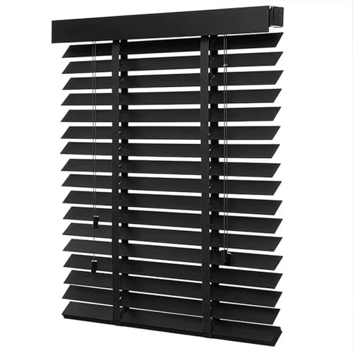 Stores vénitiens de 40 à 120 cm pour cuisine et bureau – Stores de fenêtre en faux bois avec finition en teck lisse, lattes fines de 50 mm – Noir – Rideaux élégants avec ficelles
