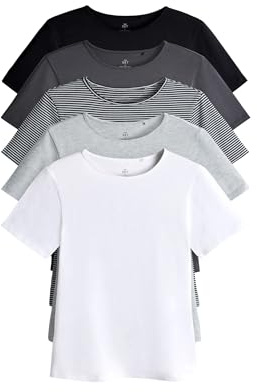 THE SET Damen kurzärmelige, körpernahe T-Shirts mit Rundhalsausschnitt White/Black/Charcoal/Grey Marl/Stripe XS