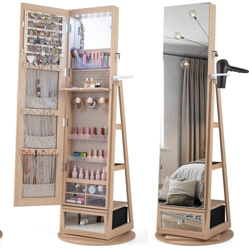 Multigot 3-in-1 Jewellery Cabinet with LED Lights, 360° Swivel Freestanding Jewellery Armoire with Full-Length Mirror and Hairdryer Mount, Lockable Cosmetics Storage Cabinet (Natural)