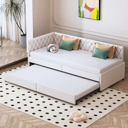 CDQL Ausziehbares Schlafcouch 90/180 x200 cm, Polsterbett mit Lattenrost, Tagesbett Multifunktionsbett Gästebett, Couch Bett 2 Sitzer für Wohnzimmer, Kinderzimmer, Samt, Beige