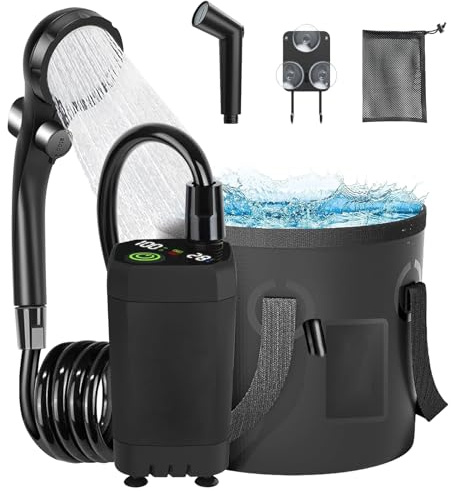 GBKDQQ Douche de camping portable avec batterie de 6000 mAh, seau pliable de 20 l, affichage de la température, pommeau de douche et tuyau de 2 m pour lavage de voiture, jardin, plage, animaux