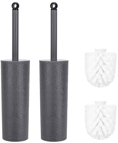 Toilet Brush, 2 Pack Toilet Brushes & Holders Sets with Plastic Handle & Soft Flexible Bristles, 4 Toilet Brush Heads for Bathroom Toilet-Ergonomic, Elegant, Durable Loo Brush (Dark Grey)