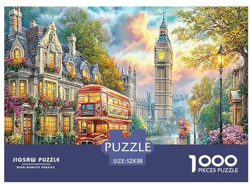 London Scene Jigsaw Puzzles Puzzle for Adults Kids. 1000 Piece London Bus Big Ben Flowery Street Impossible Challenge Toy Educational Game Home Decoration for Educational Games Gifts 52x38cm/1000pcs