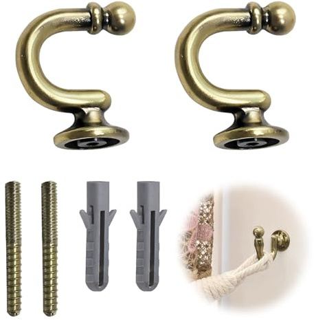 2Pcs Curtain Tie Back Hooks, Brass Curtain Hold Backs Metal Tie Back Hooks for Curtains U-Shaped Hook Wall Mounted Decorative Drapery Holder with Screws for Window Shower Drapery Towel Keys Clothes