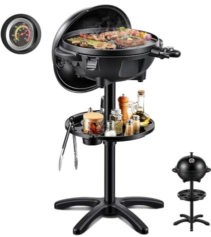 FOHERE 2400W Elektrischer Elektrogrill 2in1 Tischgrill - Standgrill mit Thermostat, Grillplatte mit keramischer Beschichtung, Innen- & Außennutzung, Balkon & Küche, Grillfläche Ø 41 cm, Schwarz
