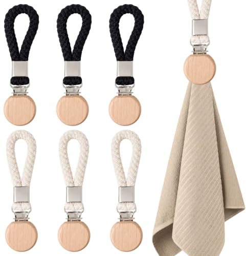 6 Stück Handtuchaufhänger Ohne Nähen, Aufhänger für Handtücher und Handtuch Clips zum Aufhängen, Praktische Handtuchclips für Küche und Bad, in Schwarz und Beige