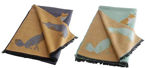 UK_Stone 2pcs Damen Fuchs Pattern Schal Halstuch Gross Poncho mit Quaste (Blau+Gruen)