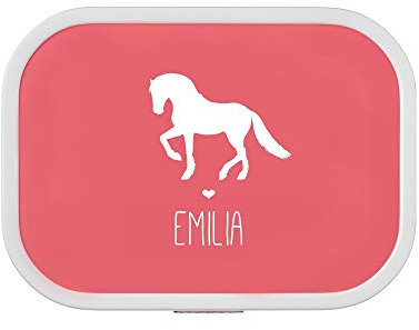 4you Design Personalisierte pinke Brotdose -PFERD Silhouette- mit Namen – inkl. Box-Einsatz & Gabel, Bento-Box für Schule & Kindergarten, Geschenk, Kinder (Pink)