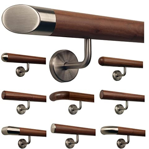 TIBU Ami Nussbaum Geländer Handlauf Treppe Holz Griff gewinkelt Edelstahlhalter, Länge 30-500 cm - Variante: 50 cm mit 2 Halter und Ende schräges Edelstahlendstück