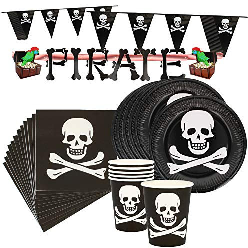 COM-FOUR® Ensemble de vaisselle de fête 27 pièces - assiettes, tasses, serviettes, guirlandes - pour les fêtes de pirates, les anniversaires (Vaisselle de fête - 27 pièces - 6 personnes)
