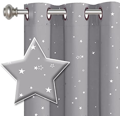 Cortinas opacas para niños y niñas con aislamiento térmico, diseño de estrellas plateadas, con ojales, 1 panel, 132 cm de ancho x 160 cm de largo, gris