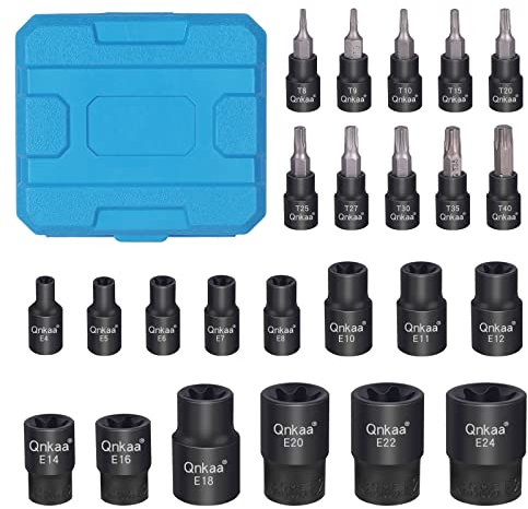 Juego de 24 llaves de vaso externas Torx hembra E-Torx | 10 puntas de estrella (T8-T40) y 14 llaves hembra E-Torx (E4-E24) 1/4 pulgadas 3/8 pulgadas 1/2 pulgadas | CRV | Mini caja de almacenamiento