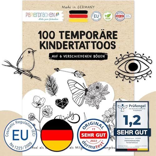 Papierdrachen 100 Tattoos zum Aufkleben - Hautfreundliche Tattoos Schwarz-weiß - stylische Designs - Für Junggesellenabschied, Mottoparty und Freizeit