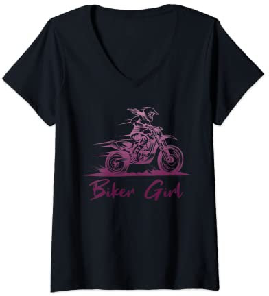 Femme Biker Girl Motocross Cadeau Enduro Moto Motard T-Shirt avec Col en V