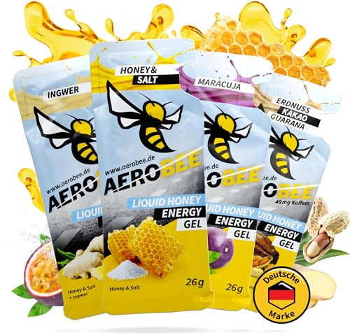 AEROBEE Energy Liquid Gel - Probierpaket 4x26 g [100% Natürliches Energie Gel aus Honig] richtig leckeres Sportgel für den Ausdauersport, Energy Gel Laufen, Power Gel Sport, Kohlenhydrate Gel