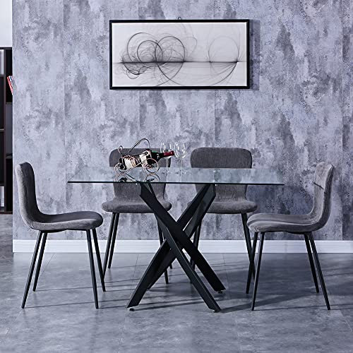 GOLDFAN Glas Esstisch Set 4 Stühle Rechteckiger Esstisch und Rückenlehne Esszimmerstuhl für Küche Wohnzimmer Büro, Grau