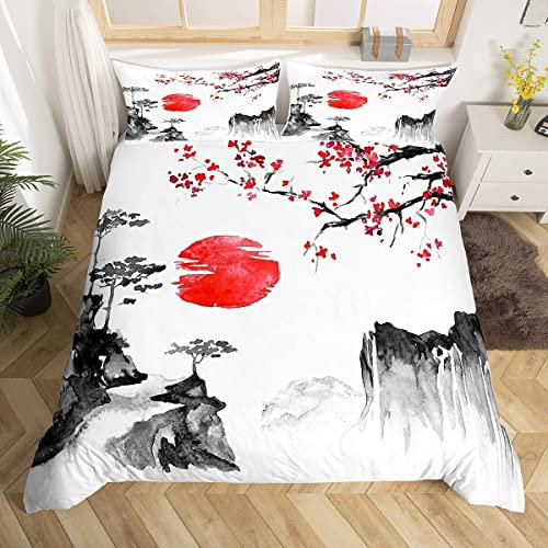 Loussiesd Japanische Ukiyoe Bettwäsche Set Kirschblüten Rote Sonne Bettbezug für Kinder Jungen Mädchen Tinte Japanischen Stil Bettwäsche 135x200cm Exotischer Stil Dekor Bettwäsche mit 1 Kissenbezug